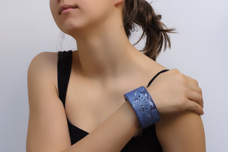 Blue Cuff Bracelet, OOAK Polymer Clay Cuff, Abstract Jewelry