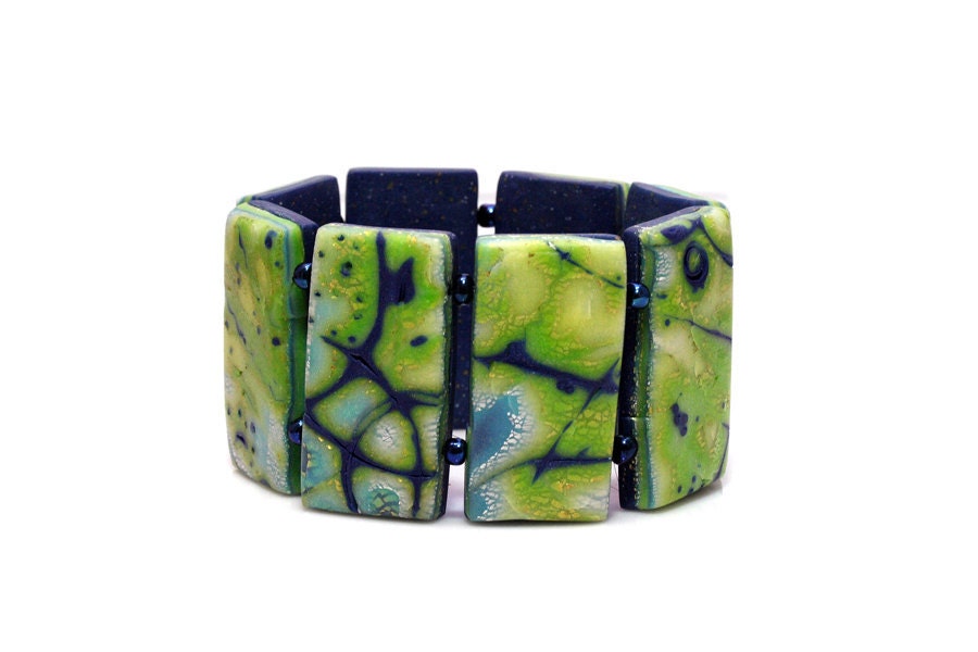 Blue And Green Translucent Mokume Gane Polymer Clay Bracelet