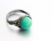 Handmade Wire Wrapped Ring - Blue Green Dark Silver Ring, Casual Everyday Ring, Pastel, Round Glass Ring, Gift for Her Under 20