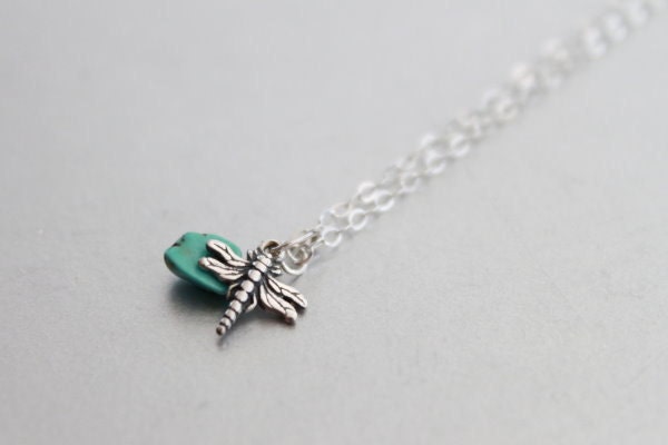 Dragonfly Necklace - Sterling Silver Necklace, Turquoise Stone, Spring Summer Trend, Dainty, Delicate, Gift Under 25
