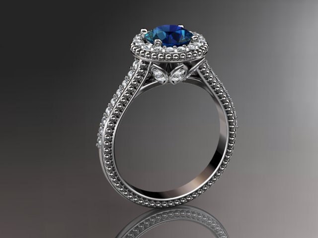 14kt  white gold diamond floral wedding ring,engagement ring with blue sapphire center stone ADLR101