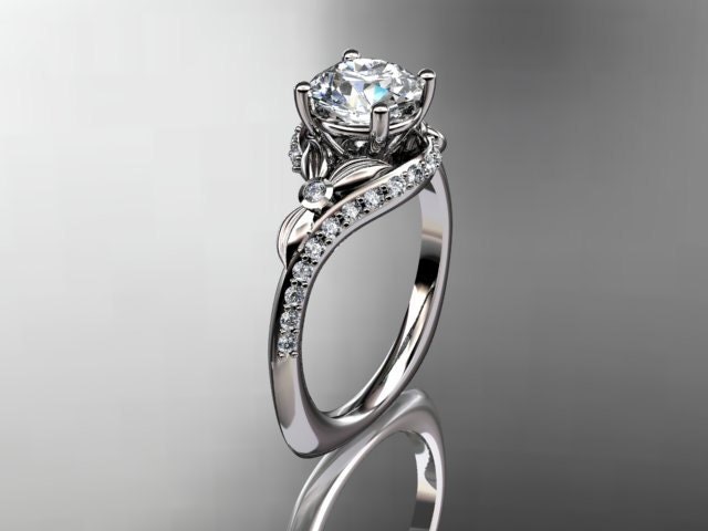 14kt  white gold diamond leaf and vine wedding ring,engagement ring with moissanite center stone ADLR112
