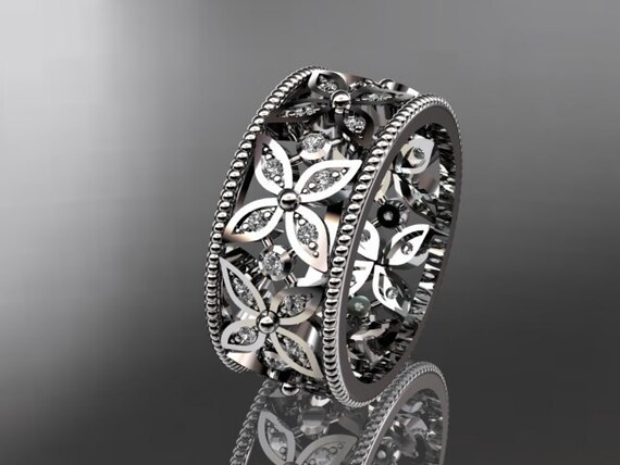 14k white gold diamond leaf and vine wedding ring,engagement ring