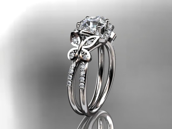 14kt  white gold diamond butterfly wedding ring,engagement ring with moissanite center stone ADLR141