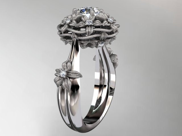 14kt white gold diamond floral, leaf and vine "Basket of Love" ring ADLR94 nature inspired jewelry