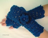 Lace Crochet Fingerless Gloves Hand Warmers Soft Romantic Vintage Teal bracelet flower Fluffy Angora goat wool Spring Fashion