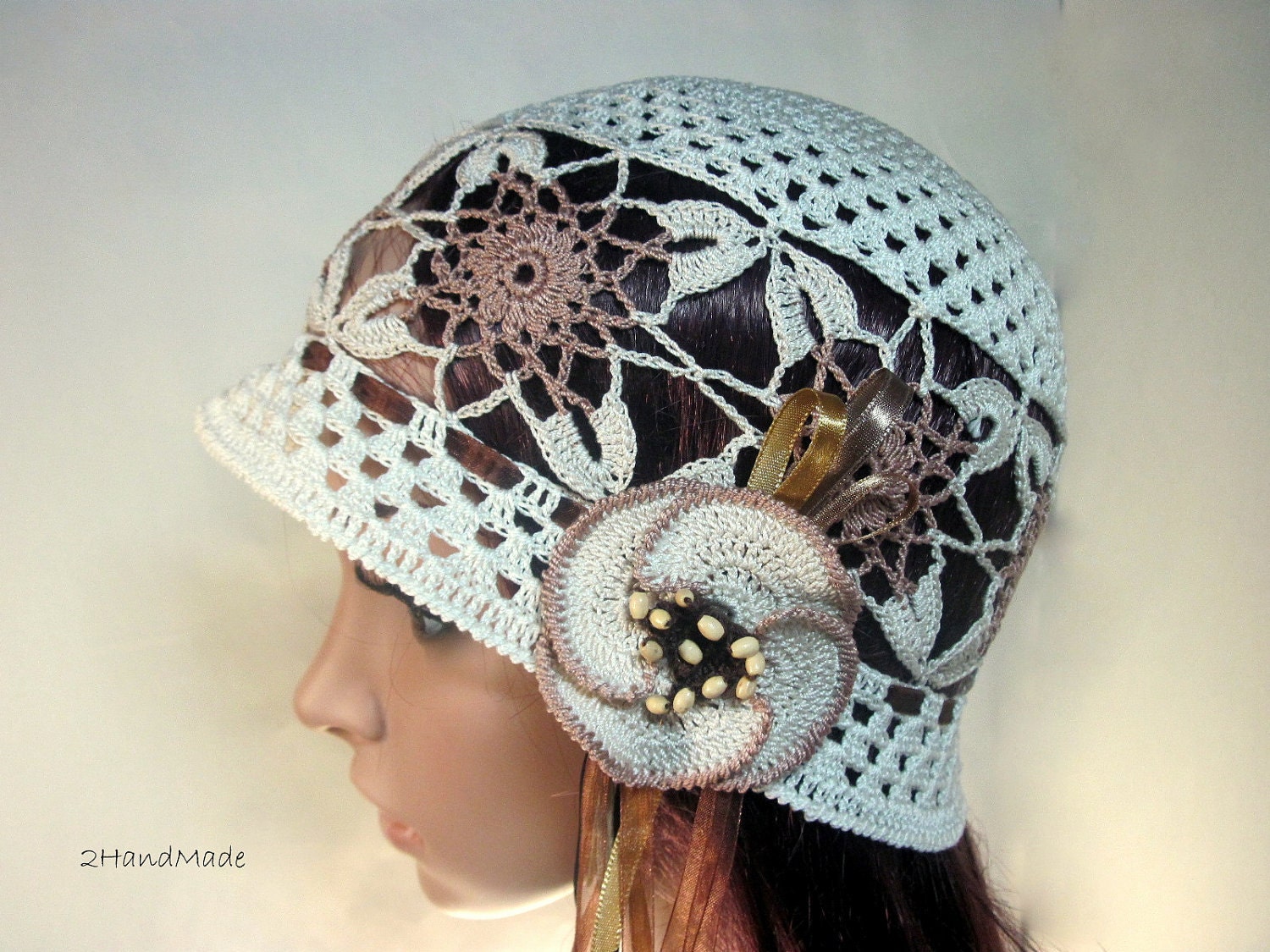 OOAK Irish Lace Crochet Women Ladies Vintage Romantic Victorian Cloche Beanie Bandana Hat Ivory Copper Brown Spring Summer
