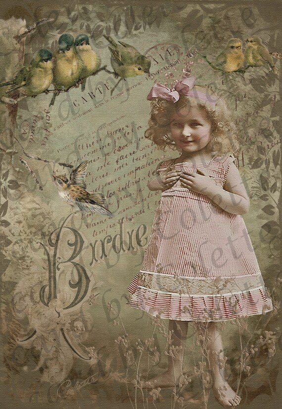 Cute Girl Watching Birds Digital Collage Greeting Card