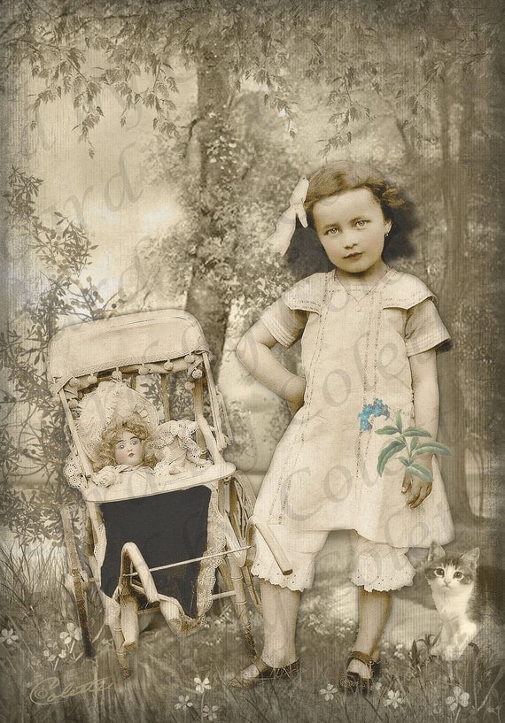 Pretty Girl and her Antique Doll Digital Collage Greeting Card