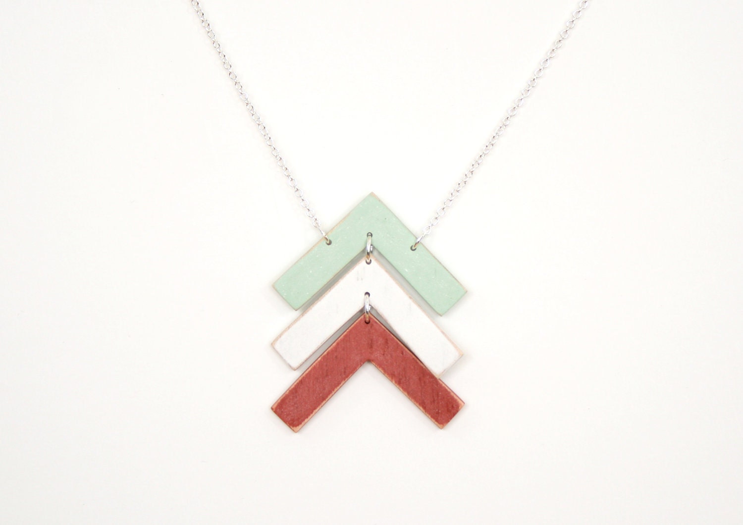 Stacked Wooden Arrows Necklace in Mint, White, and Red