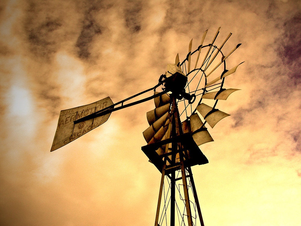Landscape photography, Moody, sepia, storm, rustic - Windmill 5 x 7 signed fine art photograph