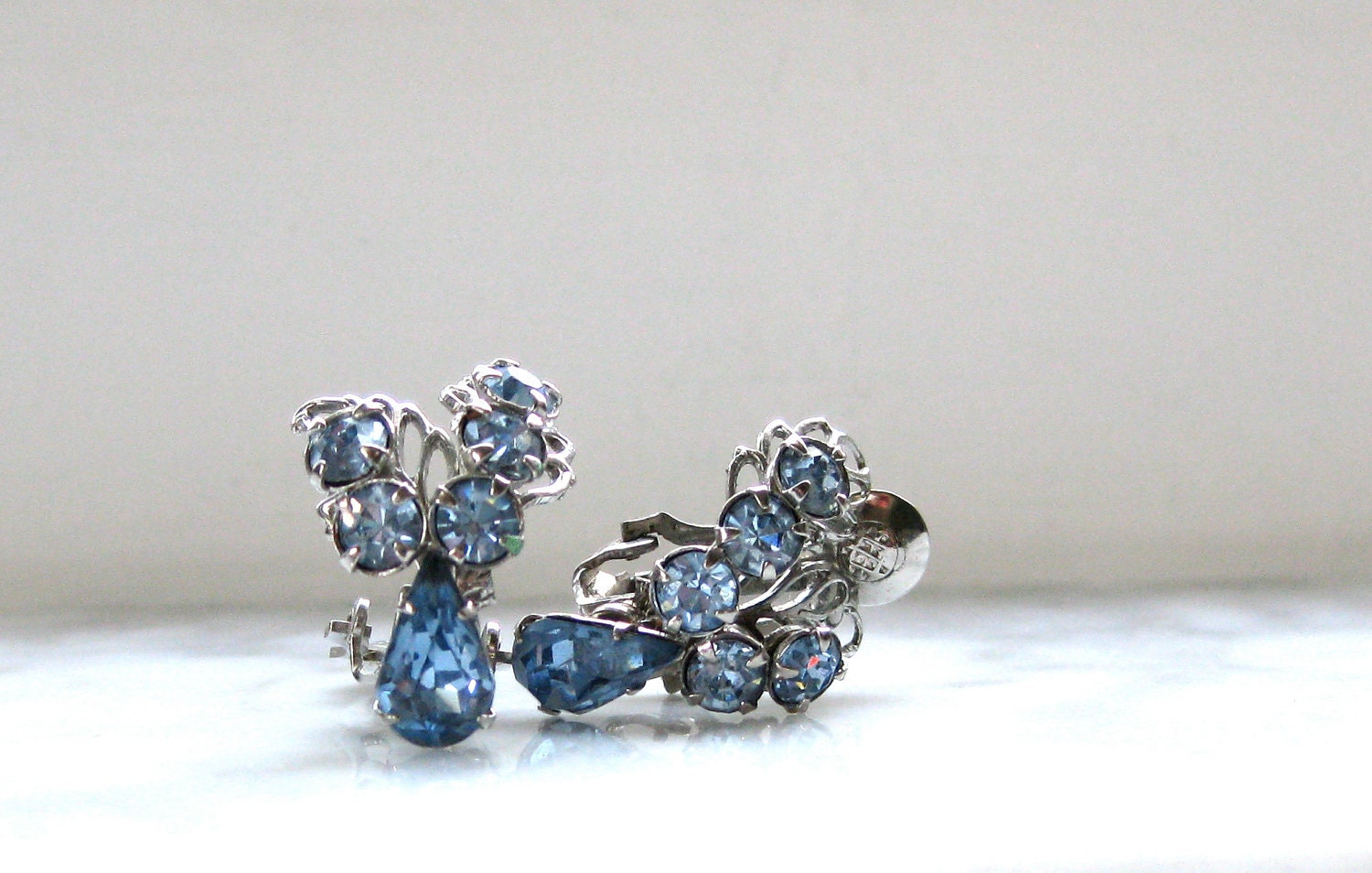 Reserved for Patricia -Do not Buy-Vintage Blue Earrings Periwinkle Rhinestone Clip on Silver Metal Leaves Filigree