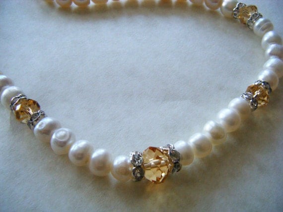 Vintage Necklace 70's Glass Pearl Crystal Bead Rondelle Rhinestone