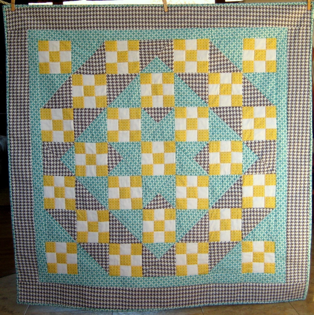 Baby Boy Quilt or Baby Girl Quilt - Gray Houndstooth, Teal and Goldenrod Modern