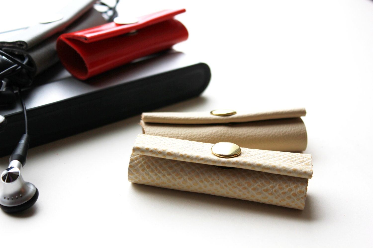 Genuine leather earphone or cable cord organizer wrap