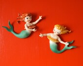 Rare Mid Century Lefton Mermaid Set of 2 Wall Plaque Figurines