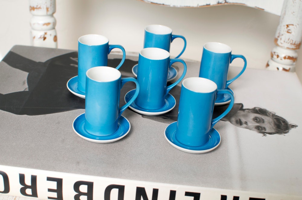 RESERVED For Yute Vintage La Gardo Tackett Blue MINI Espresso or Sake Cups w/Saucers Eames Era Atomic