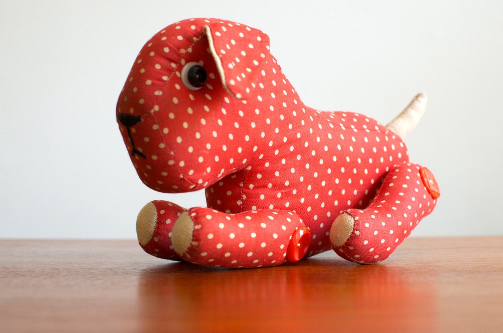 Vintage Dog Stuffed Animal - Polka Dot Red