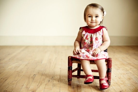 Mod Dress / Vintage Fabric /  Red and Pink Floral, Poppies /  'Rosie' newborn - 3T