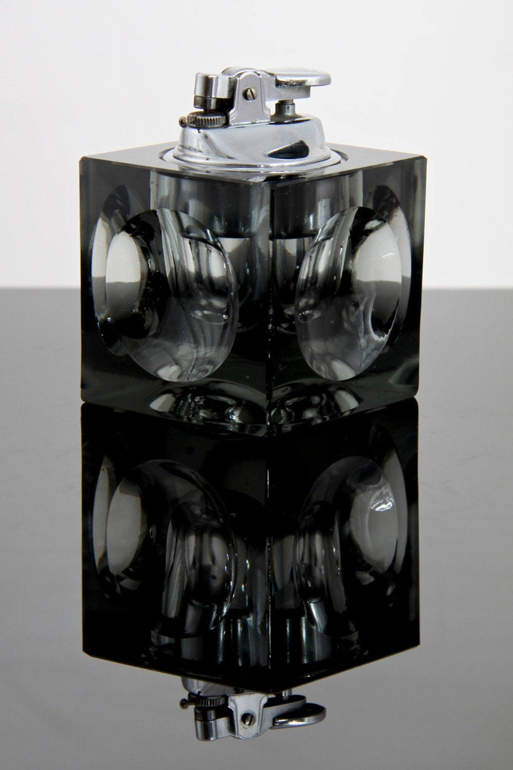 Vintage Retro Space Age 60's / 70's Square Smoky Glass Cube Table Lighter Paperweight Desk Coffee Table Accessory Mid Century Modern