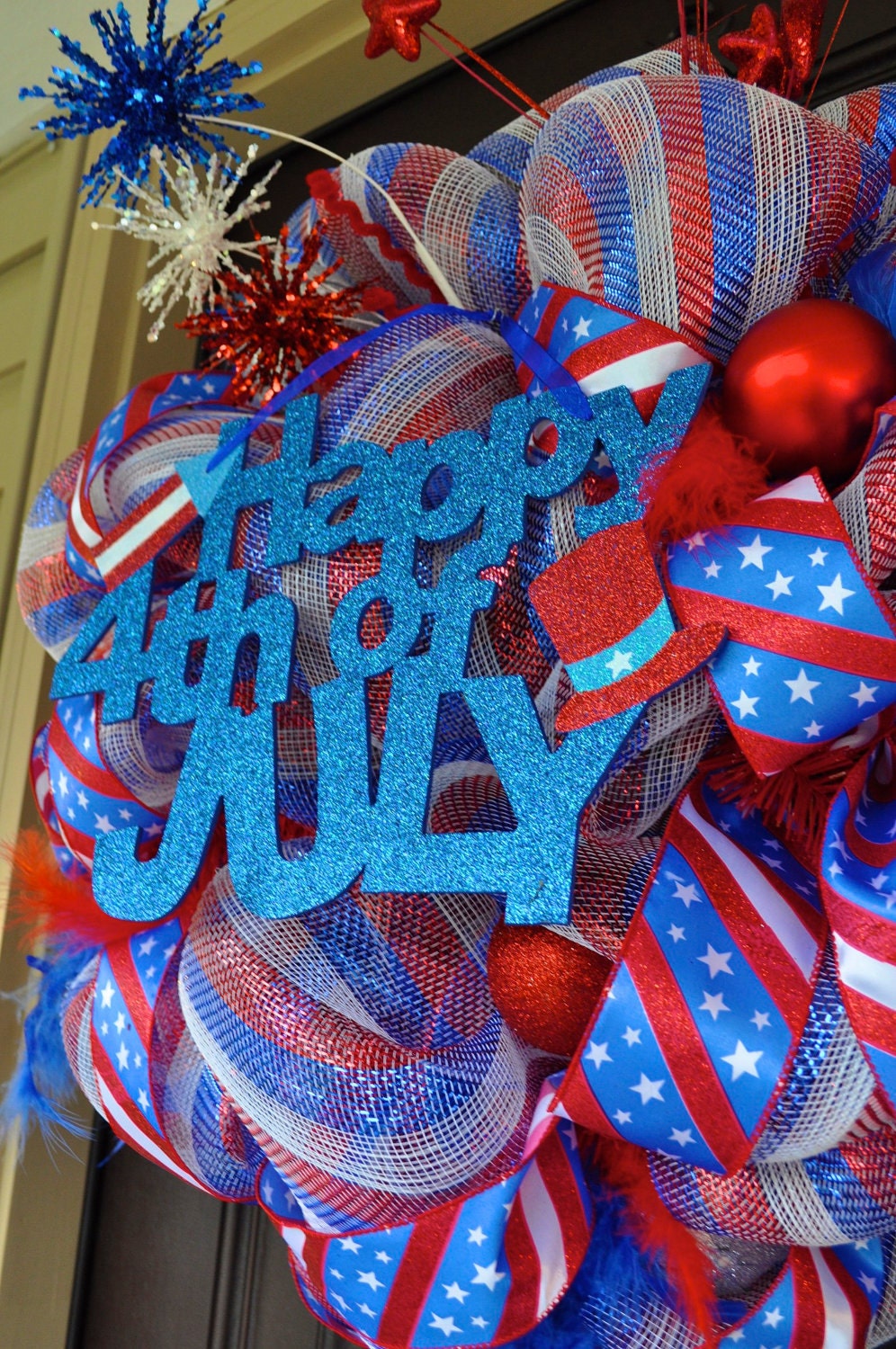 Fourth of July Wreath, OOAK, RAZ Wreath, Red White and Blue Deco Mesh Wreath