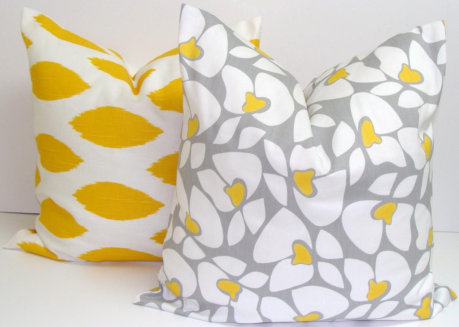 Flower Pillow.Gray Yellow.16x16 inch Decorator Pillow Cover.Printed Fabric Front and Back.Cushion Cover.Nursery Pillow