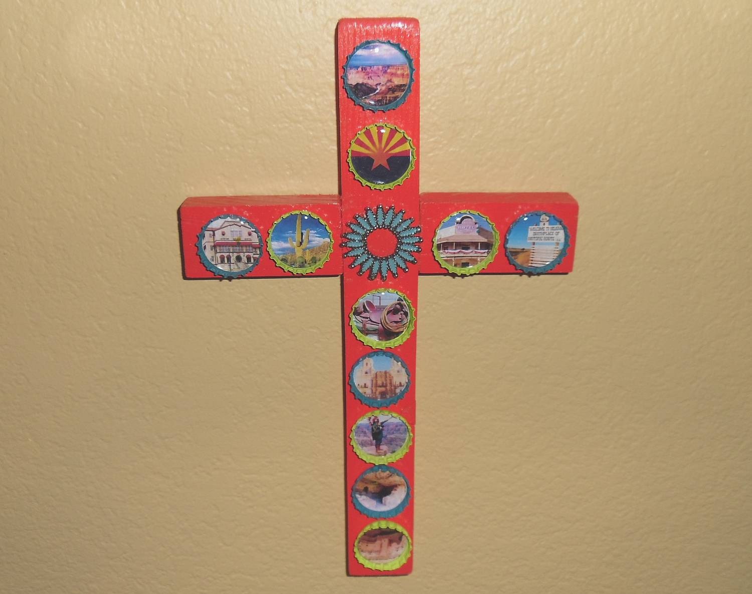 Bottle Cap Painted Wooden Cross Commemorating the Southwestern State of Arizona Wall Hanging Decor