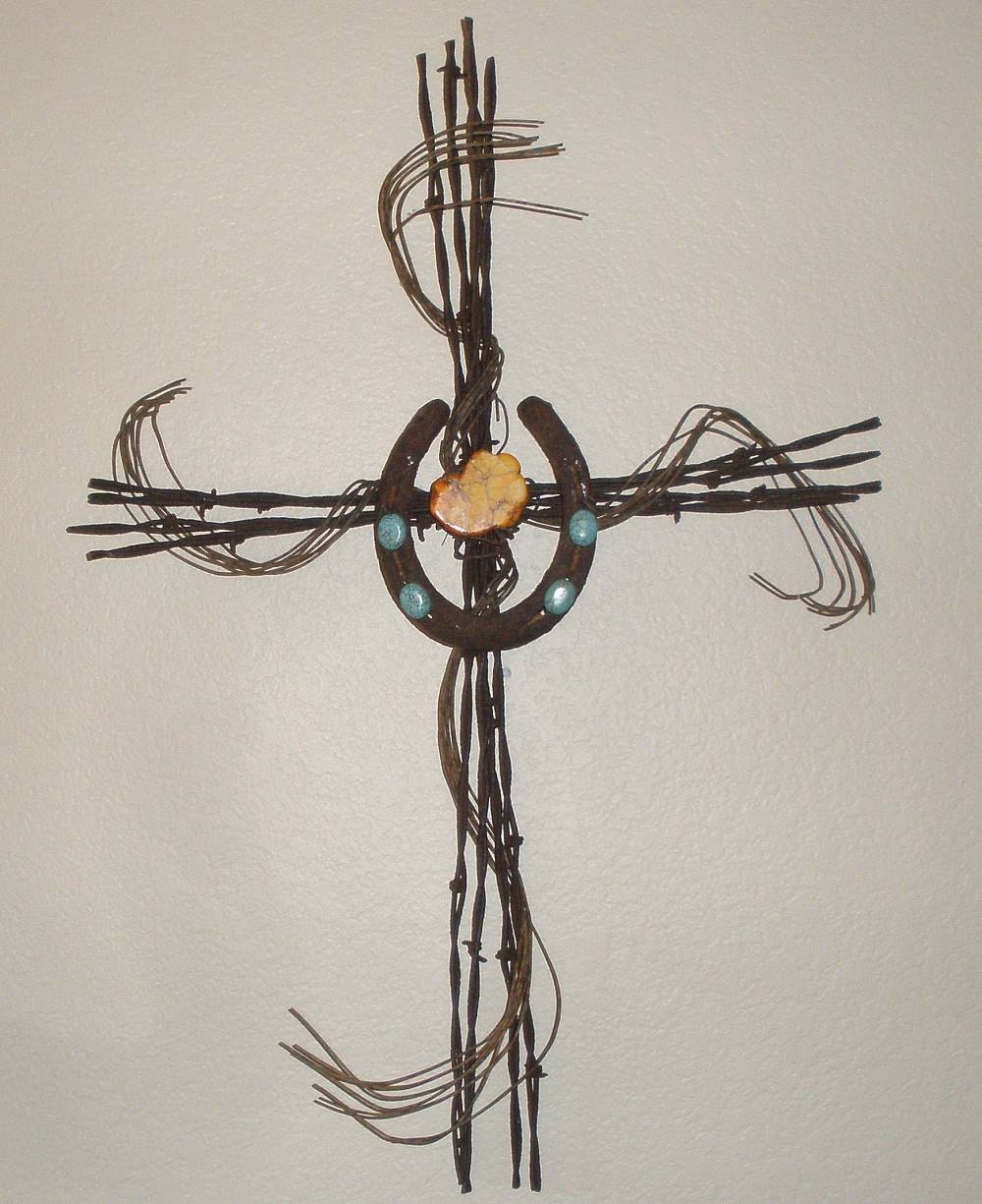 Primitive Rustic South Western Style Cross Rusty Barbed Wire Horseshoe Natural Turquoise and Orange Stone