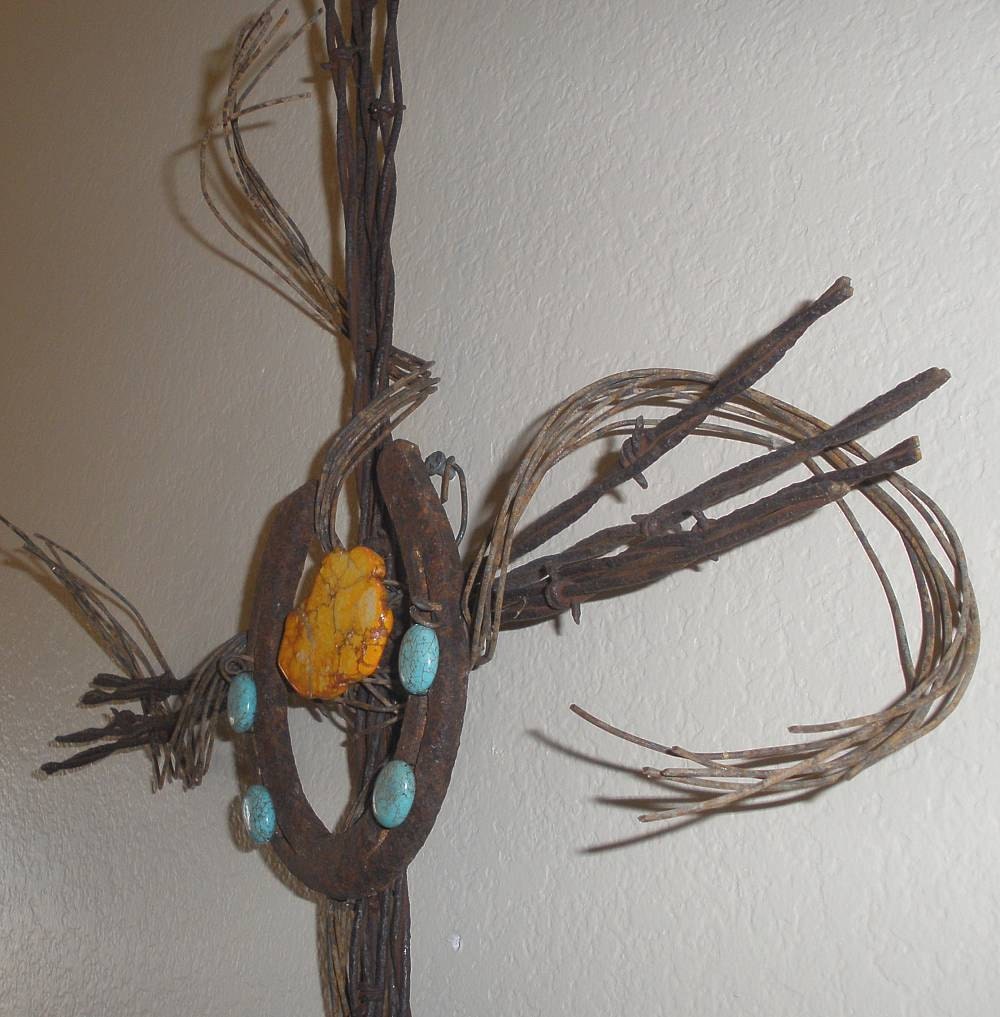 Primitive Rustic South Western Style Cross Rusty Barbed Wire Horseshoe Natural Turquoise and Orange Stone