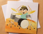 Square greeting card -  cute happy boy drumming on kit drums