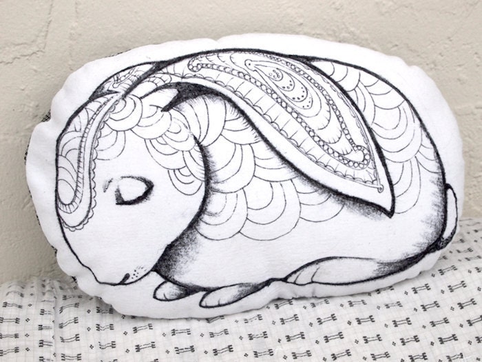 Animal Pillow Black & White Bunny Rabbit Pillow Hand Drawn Art Baby Gift Tweed Recycled Upcycled TShirt Knit