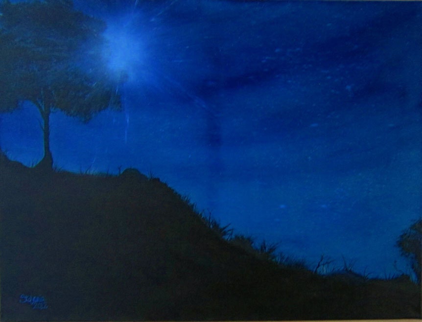 Original Mix Media night landscape painting canvas A Night's Sky - in blue & black acrylic and oil paints sides painted no framing required - HomeTimeArt