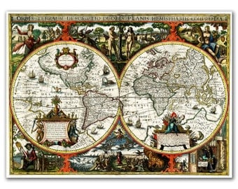 Orbis Terrarum Descriptio Duobis Planis from 1617, Vintage World Map printed on parchment paper