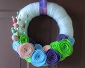 Easter Wreath - Spring Wreath - 12 Inch Yarn Wrapped Wreath with Eco-Friendly Felt Flowers, Eggs, and Pink Glitter Accents