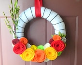 Bright Spring Wreath - Summer Wreath - 14 Inch Yarn Wrapped Wreath with Multi Color Felt Flowers