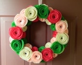 Summer Wreath - Watermelon Felt Flower Wreath in Apple Green, Shocking Pink, Baby Pink, and Antique White with Black Pearls