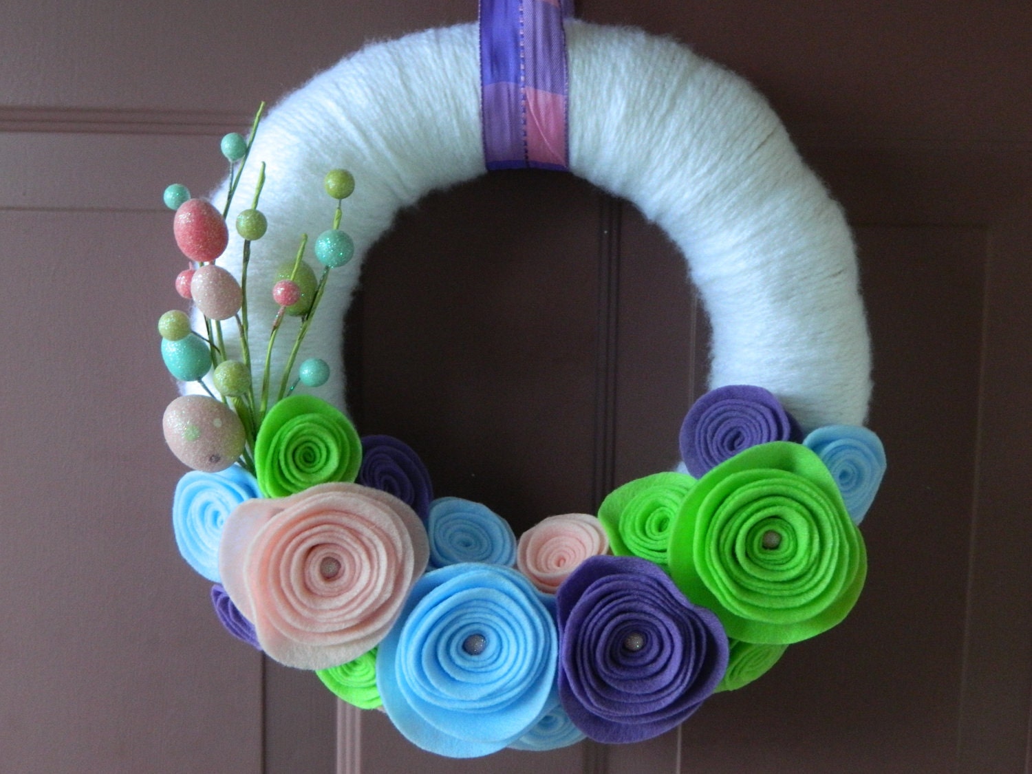 Easter Wreath - Spring Wreath - 12 Inch Yarn Wrapped Wreath with Eco-Friendly Felt Flowers, Eggs, and Pink Glitter Accents