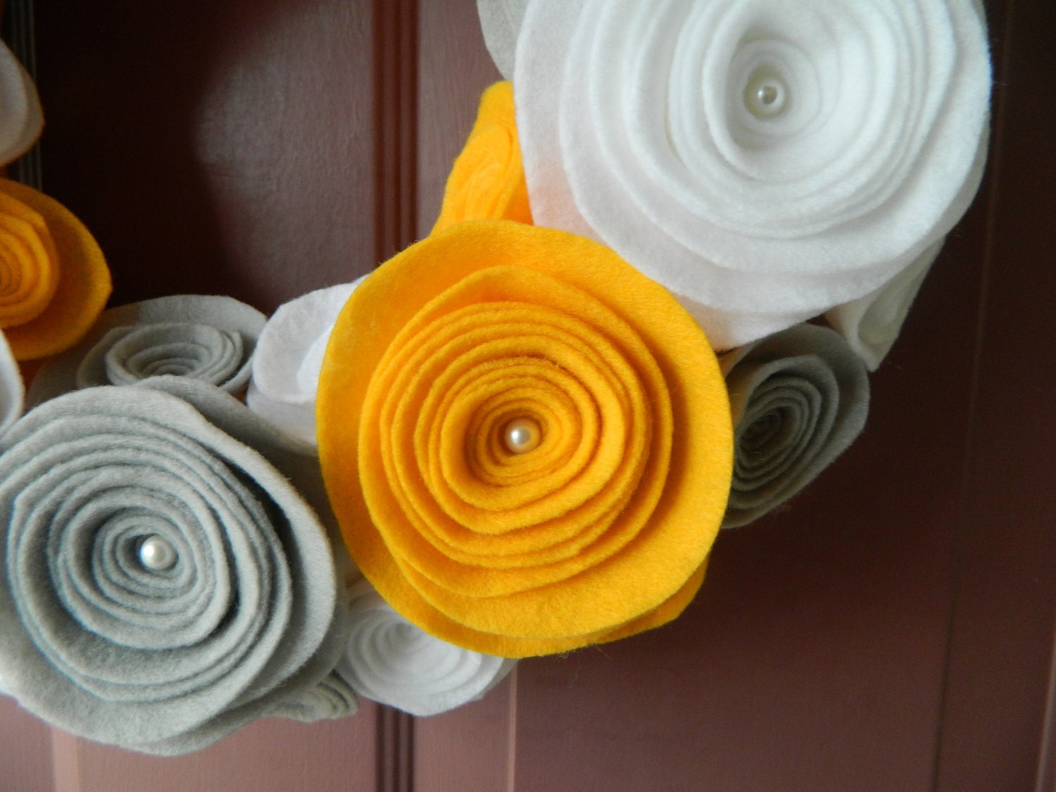 Gray, Yellow and White Wreath - Spring and Summer Felt Flower Wreath - 12 Inch Wreath with Pearls in the Centers of the Large Flowers