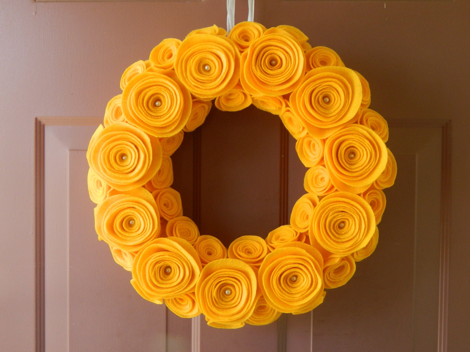 Spring Wreath - Summer Wreath - Bright Felt Flower Wreath in Gold with Pearls in the Large Flowers