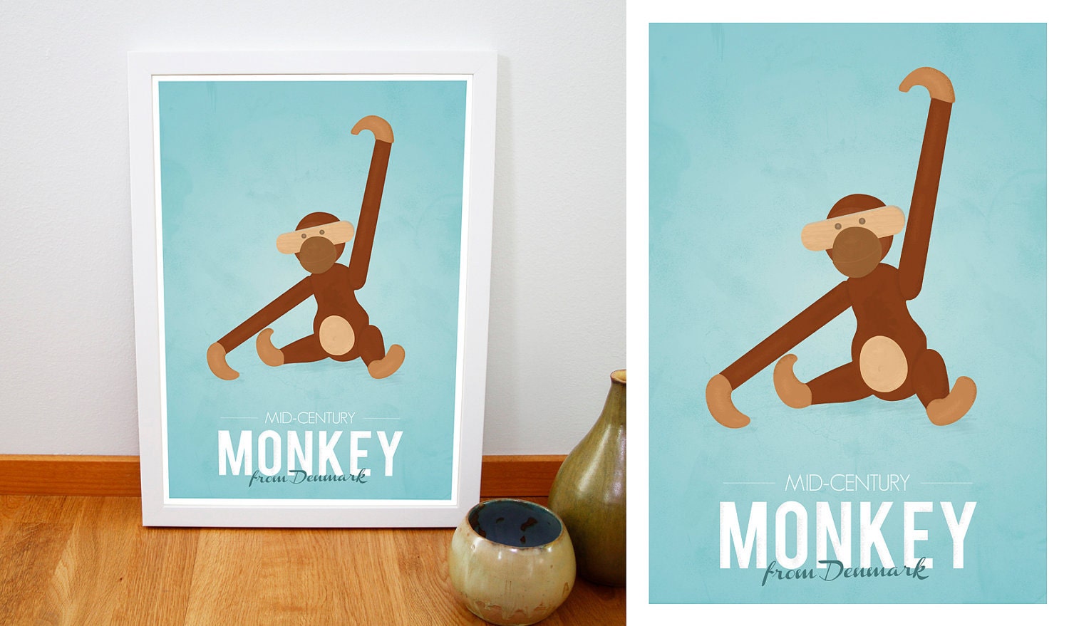 Retro Kay Bojesen monkey print from Denmark, Iconic danish design retro poster, Mid century art print, Brown Blue A3