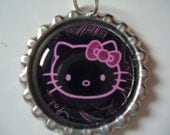 Neon Pink Hello Kitty outline  bottle cap Necklace with organza ribbon and cords with Lobster type clasp