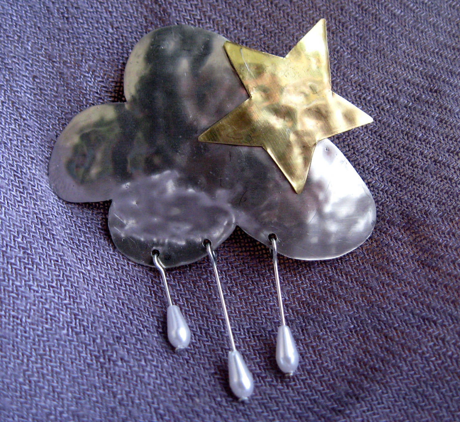 Rainy Cloud and Star Brooch/Badge/Pin from Nickel Silver/German silver/Argentan/new silver/alpacca and Brass