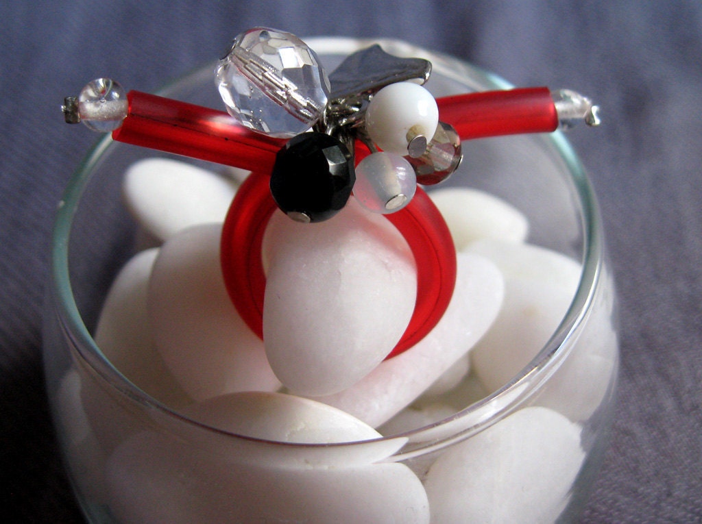 Adjustable Rhinestone and Glass Beaded Charm Ring from Red Rubber Cord