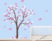Flower Tree Wall Deca l- Cherry Blossom Vinyl Wall Art Tree Decal - Baby Nursery Decals - Childrens - Girls - Buterflies - Pink- White -