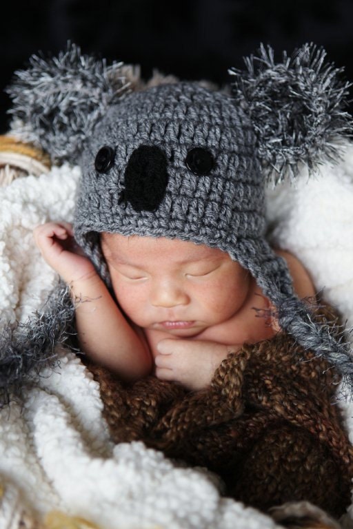 RESREVED for Bobbie 3- 6 months Baby Crochet Koala Hat With Ear Flaps FREE SHIPPING