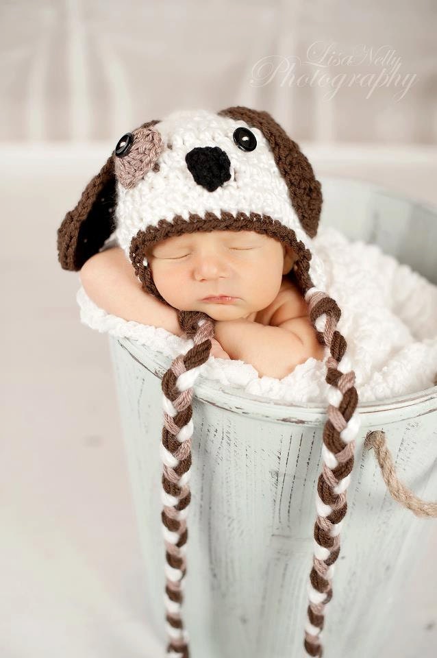 Cream PUPPY LUV Newborn Baby Boy Crochet Doggy Hat With Ear Flaps FREE Shipping