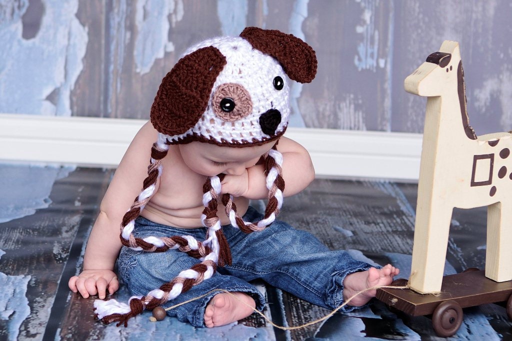 Cream PUPPY LUV Newborn Baby Boy Crochet Doggy Hat With Ear Flaps FREE Shipping