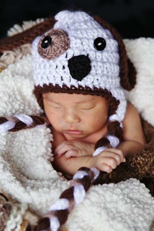 Cream PUPPY LUV Newborn Baby Boy Crochet Doggy Hat With Ear Flaps FREE Shipping