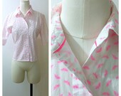 Neon Pink Blouse Feather Print 1980's