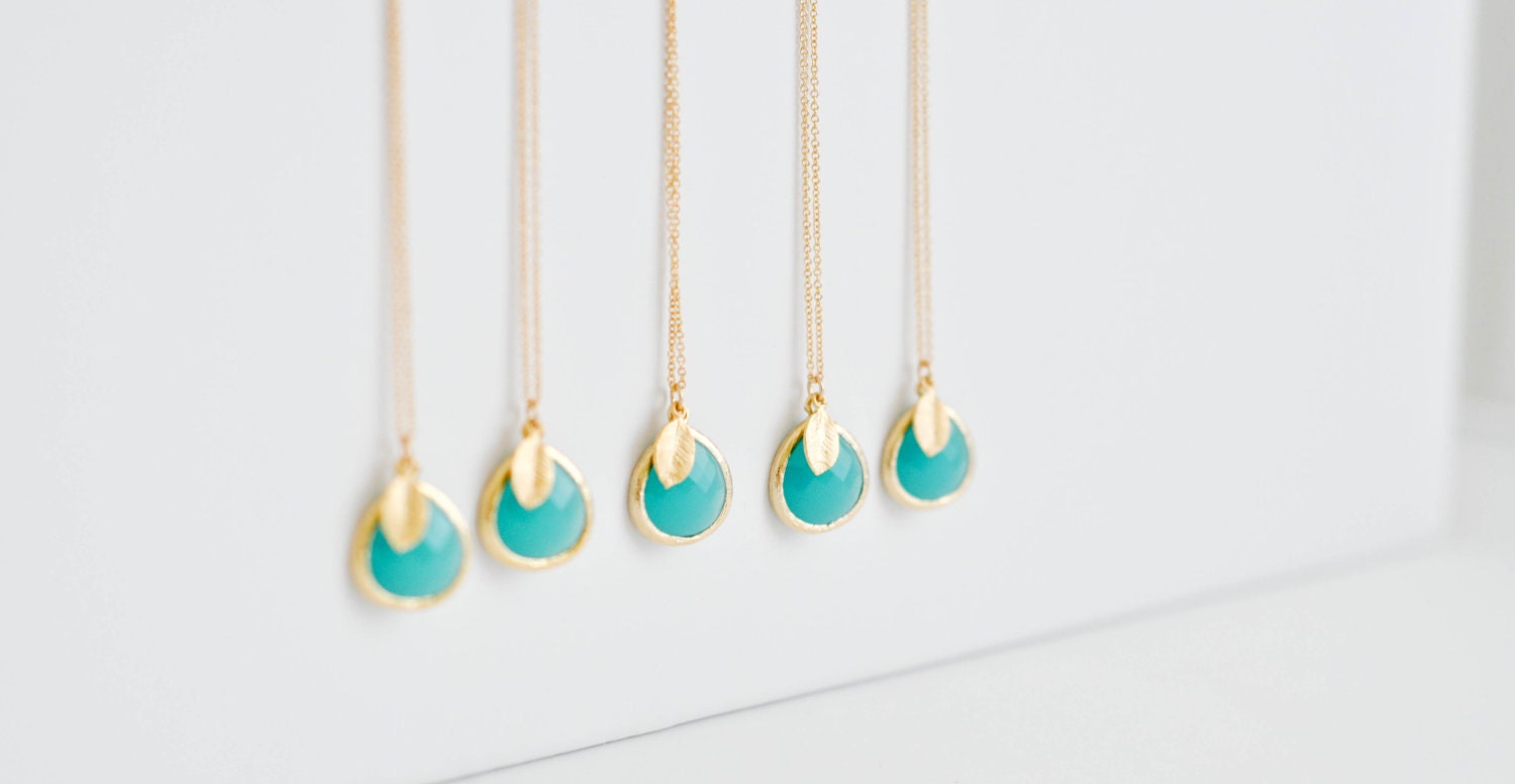 Fiji--Aquamarine Pendant with a Gold Leaf, Simple Gold Necklace, Bridesmaids Gifts, Wedding gifts, Mother's Day Gifts